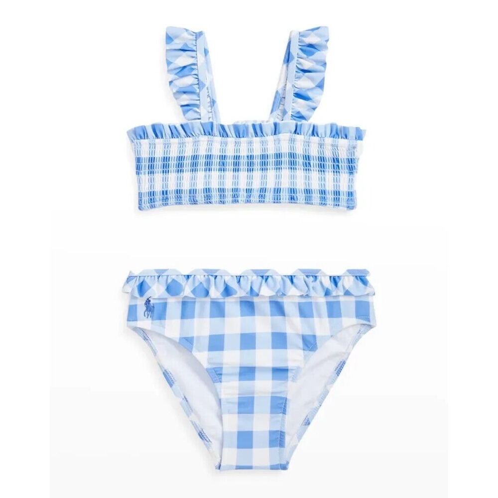 Ralph Lauren Baby Girl's Gingham Ruffle Smocked Bikini Set Blue White Size 9 M